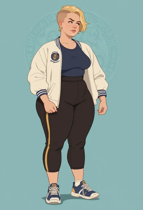 rita loud, mature woman, blonde hair, solo, short hair, medium saggy breasts, gigantic hips. gigantic ass. earrings, fat. |  Title: Display the title "Bully" in bold gold text, Times New Roman font main character: a man with a shaved head and a scar on the...