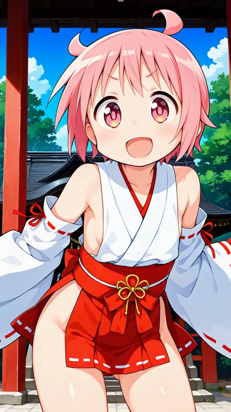 nonohara yuzuko, pink hair, short hair,ahoge, pink eyes,bangs,((anime style)),score_9, score_8_up, score_7_up, source_anime,solo,1girl, ((miko)),((mini slit red skirt)),((((slit skirt)))),ass visible through thighs,((Obi)) ,((Obi knot)), (flat chest) , ((s...