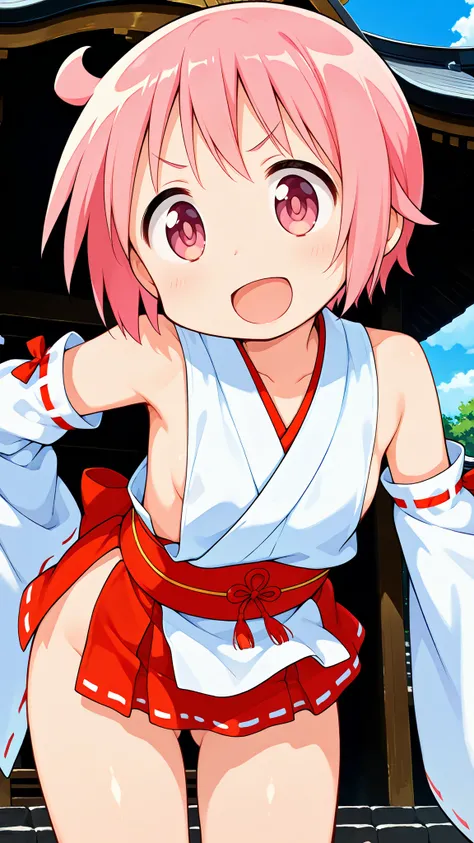 nonohara yuzuko, pink hair, short hair,ahoge, pink eyes,bangs,((anime style)),score_9, score_8_up, score_7_up, source_anime,solo,1girl, ((miko)),((mini slit red skirt)),((((slit skirt)))),ass visible through thighs,((Obi)) ,((Obi knot)), (flat chest) , ((s...