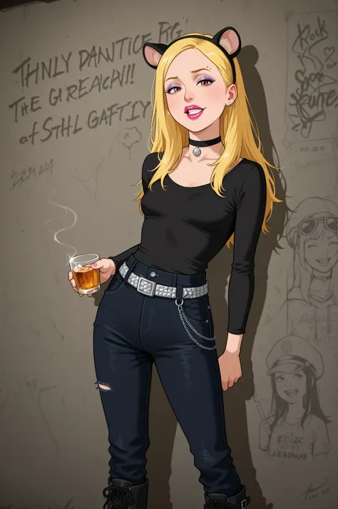 Francine Smith, looking at viewer, pink lipstick, choker, Blonde hair, small saggy breasts. long hair.|   A photorealistic image of a alternative woman standing outside a gritty underground gig venue named "Rock City" at night. tousled and slightly damp fr...