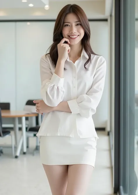 a beautiful white wide-open blouse , teeth、posing in a modern office、I can see a graceful and cheerful smiling woman posing . 彼女teeth黒を着ている, A very short skirt with a slit, Full body photo of。Beautiful Cleavage . 彼女teethまた、showing off her toned, muscul...