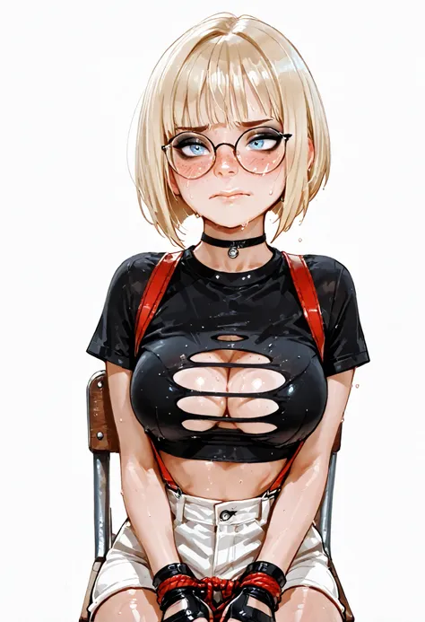((girl tied to chair)), masterpiece, detailed_eyes, high_quality, best_quality, highres, absurdres, 8k, score_9, 1girl, Caucasian, ((white girl, older teen, stocky body, shortstack)), black t-shirt, ((ladder-cut top)), white shorts, red suspenders, fingerl...