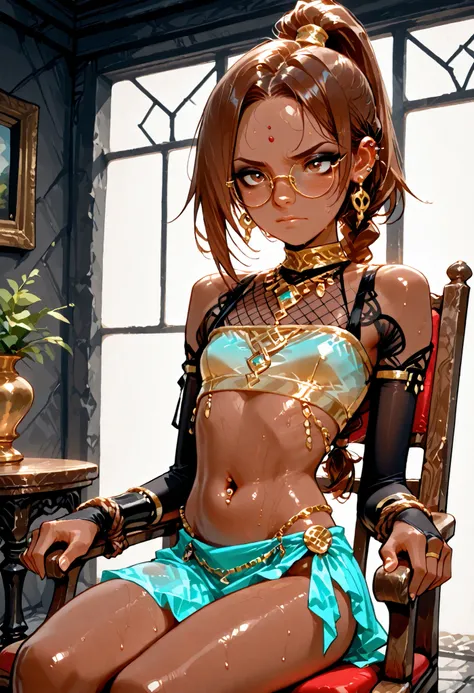 ((girl tied to chair)), masterpiece, detailed_eyes, high_quality, best_quality, highres, absurdres, 8k, score_9, 1girl, Indian girl, dark skin, ((youth, slender body, young model)), (4k, 8K), brown hair, (parted hair, forehead), high ponytail, long braid, ...