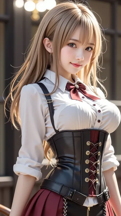 A girl taking a photo wearing a corset and bow tie, fine details. Dolls Frontline, a super realistic high school girl, from Dolls Frontline, PHOTOREALISTIC BEAUTIFUL GIRL RENDERING, ((Seductive Girl,  Charming Beautiful Girl)), from Azur Lane video game, s...