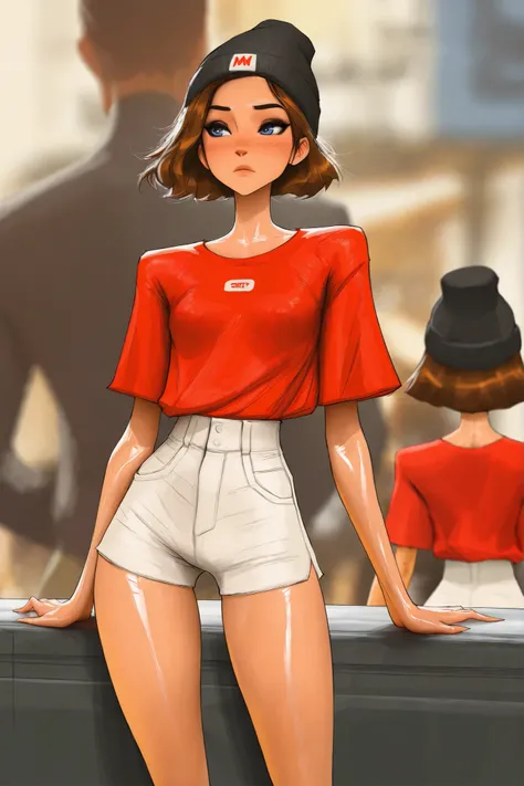 short hair, blue eyes, brown hair, masterpiece, best quality, very aesthetic, movie quality, depth of field,soft saturation, focused subject, ,official style, shiny skin, 1girl, dark eyeliner, high-top beanie, brunette, wavy brown hair,, shirow masamune, ...