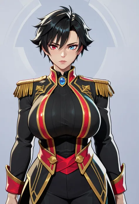  ,
1girl, Alone, black hair, huge breasts, short hair, upper body, heterochromia, red eye, Blue eye, tomboy, cowboy shot, light skin, Prince costume, black costume 