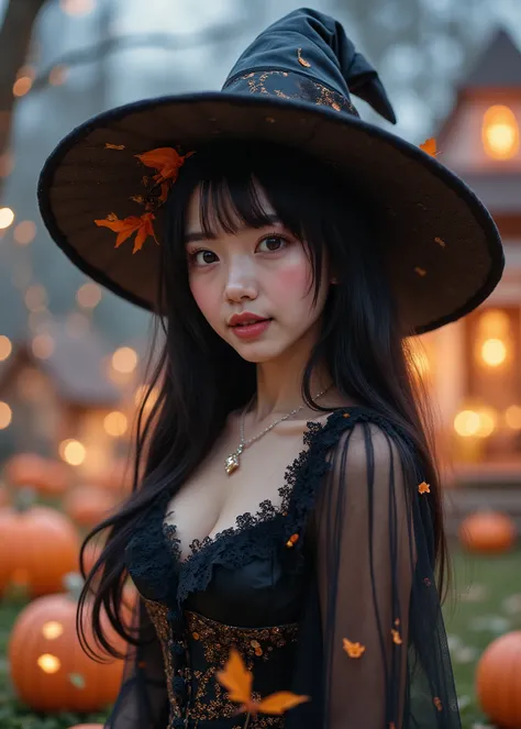 kawaii Japanese woman、 Fairyland 、 happy Halloween 、Witch Hat、cute woman who cosplayed for Halloween、With sexual attraction、fairy house with white clay walls、Lawn 、Moonlit Night、colorful and big candy is falling in the garden、3D,high image quality、Realisti...