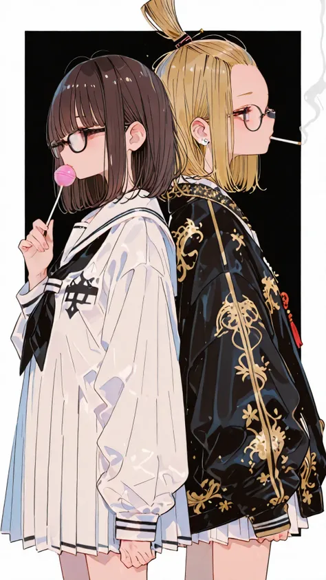 Two-tone background,(black, white), two women,cowboy shot,Yankee少女と真面目な少女,the same height,Back to back,
left side,(Yankee,Blonde,bangs pinned back,black sukajan,tobacco,)
Right side,(student,dark haired,white serafuku,glasses,lollipop)