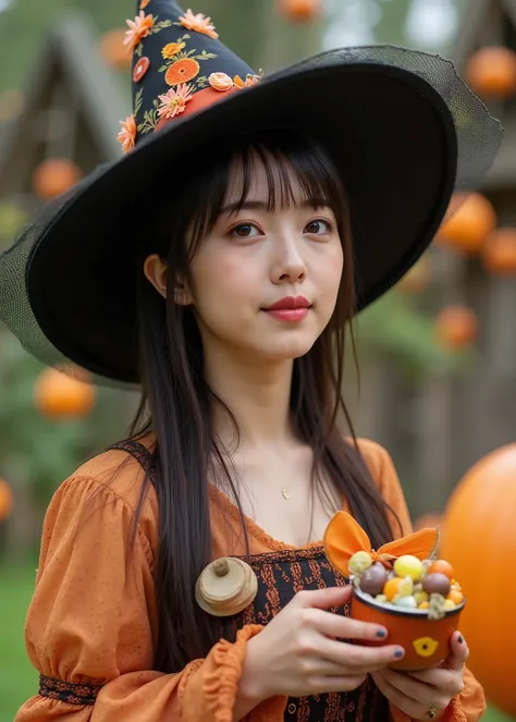 kawaii Japanese woman、 Fairyland 、 happy Halloween 、Witch Hat、cute woman in a Halloween dress、With sexual attraction、Inside an old medieval house、large colorful candies are falling in the garden、3D,high image quality、Realistic、cinematic lighting、fun atmosp...