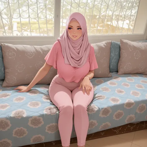 a slutty woman wear silk hijab, sitting on a canape