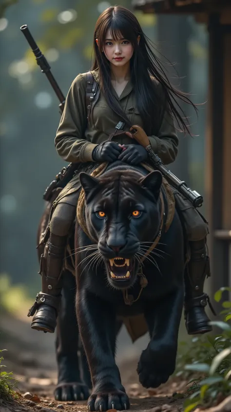 walking beside a threatening sight of、Depiction of long black hair,  Confident young sniper girl with torn, smoky old clothes  ,  The huge   ,   (Beautiful girl riding on a ferocious giant Black Panther)  .  Panthers have sharp, glowing orange eyes ,   Wit...