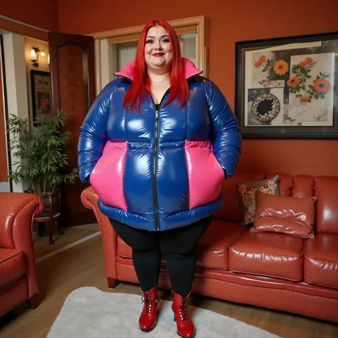 a 44 year old woman that is very overweight with large belly and thighs, wearing a blue and pink Colmar1260 made of latex, puffy latex design, wearing blue latex skirt, wearing black latex leggings, wearing red high heel shoes, in a hotel room made of onyx...