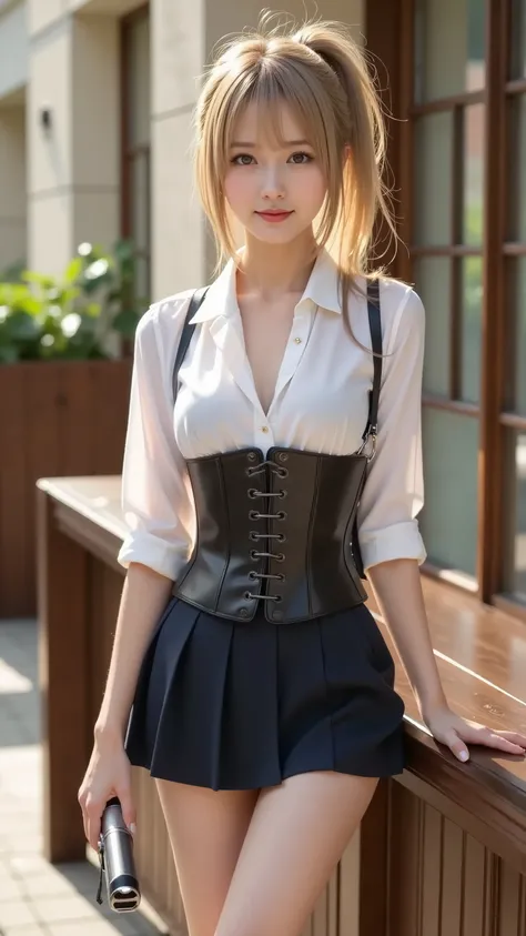 beautiful girl in a short skirt and blouse carrying a weapon, extremely detailed Artgerm, Key Art by Kshart Krenz、Feminine, hyperREAL HIGH SCHOOL GIRL, a hyperREAL HIGH SCHOOL GIRL, style Artgerm, ((Seductive Girl)), taken from opposite seat, Artgerm on Ar...