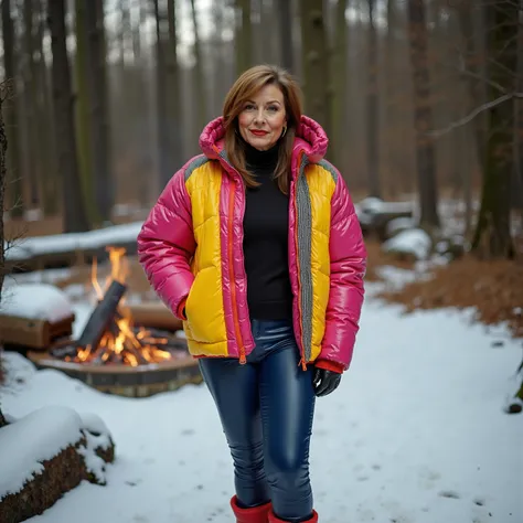 a 58 year old asian woman with large arms, muscular build, wearing a bright yellow and pink Colmar1260 jacket with houndstooth patterning, wearing blue leather jeans, wearing red boots, standing on a snowy bank next to a forest with a fire pit and DJ night...