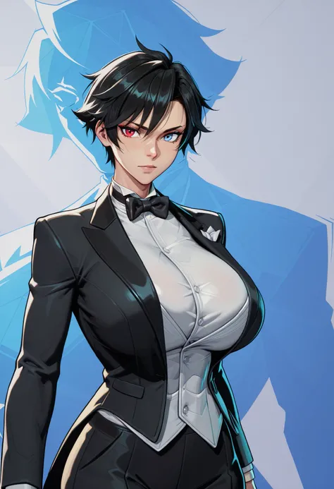  ,
1girl, Alone, black hair, hyper breasts, short hair, upper body, heterochromia, blue eye, red eye, tomboy, cowboy shot, light skin, tuxedo, black tuxedo, long sleeves,skinny,curvy, toned, athletic, 