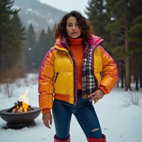a 58 year old asian woman with large arms, muscular build, wearing a bright yellow and pink Colmar1260 jacket with houndstooth patterning, wearing blue leather jeans, wearing red boots, standing on a snowy bank next to a forest with a fire pit and DJ night...