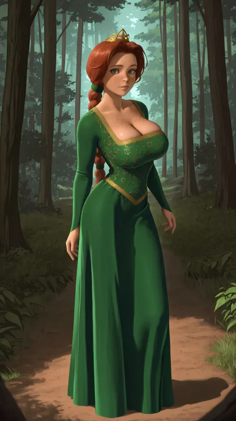 masterpiece, best quality, Princess Fiona, 1girl, solo, blue eyes, freckles, lips, red hair, long hair, braided ponytail, green hair tie, crown, shrek 1 dress, green dress, plano medio, caderas grandes, tetas grandes, looking at viewer, forest, full body, ...