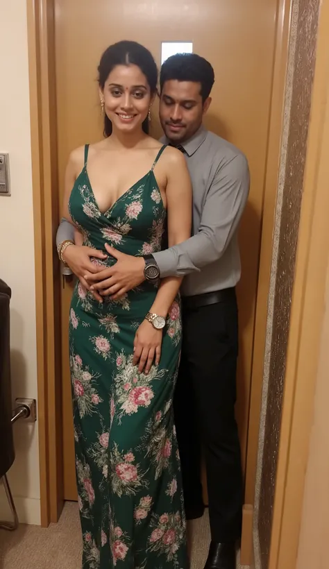 An indian tamil milf aunty,she is too sexy and 40s age well growth figure woman,she is wearing sexy and calm florals printed dark green gown,exposing her milf breasts,pale brown lipstick,lady is with 18s age skinny boy just like couple,he is wearing long  ...