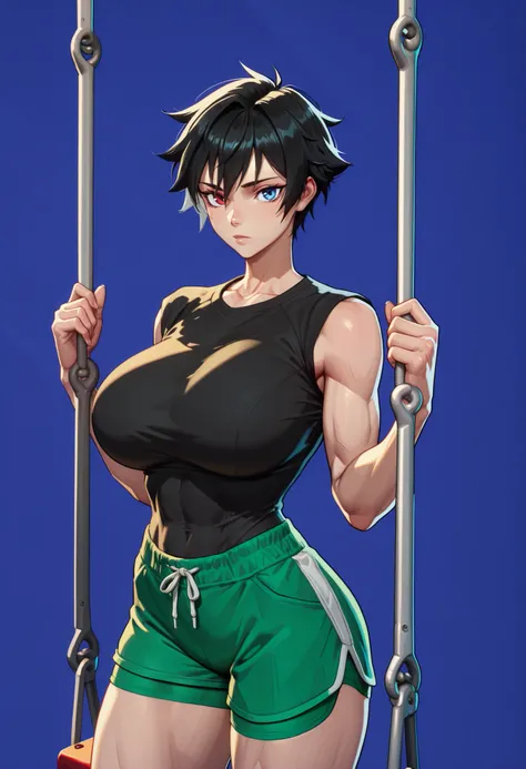  ,
1girl, Alone, black hair, huge breasts, short hair, upper body, heterochromia, blue eye, red eye, tomboy, cowboy shot, light skin,  skinny,curvy, toned, athletic, swing shorts, green shorts, swing t-shirt, black t-shirt, sleeveless,