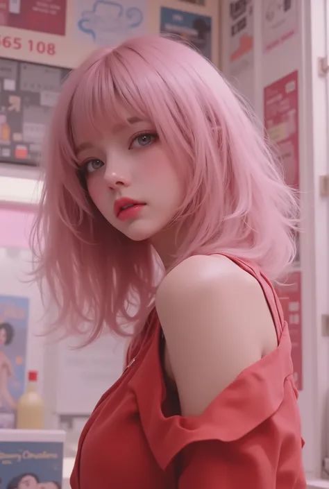 Photo Real、Realistic Skin Texture、tight cyberpunk fashion、Fluffy Shoulder-Length Hair、dim cyberpunk city、beautiful pink eyes、pink hair、thinウエスト、Beautiful Standing、Equipped on a Belt、thin、style is good、Shoulder-width is not wide、The waist is wide、My chest i...