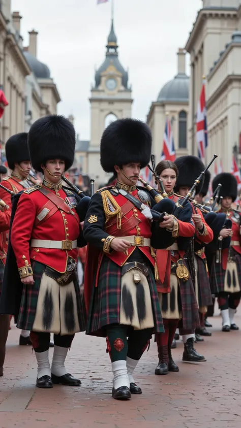 high-definition images、in military uniforms while blowing bagpipes on the streets of London、Guards man and woman marching、Parade