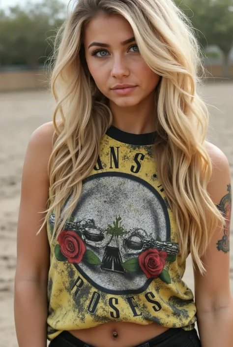 a young woman with long blond hair in soft waves blue eyes wearing Guns 'n Roses jersey 