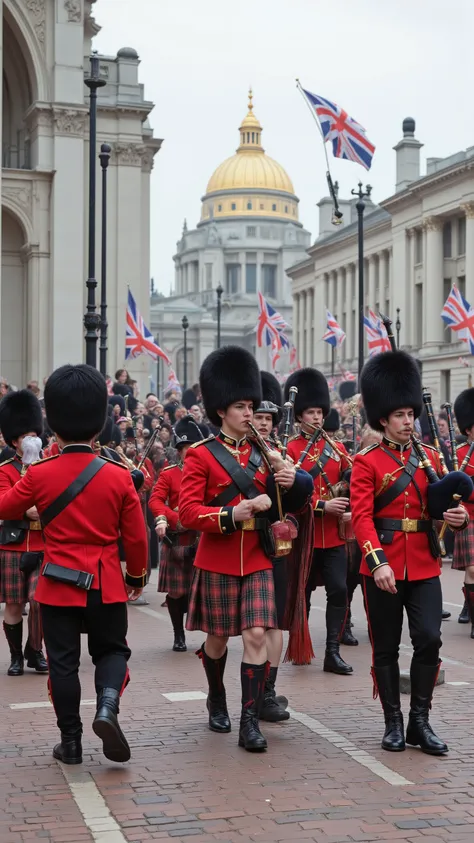 high-definition images、in military uniforms while blowing bagpipes on the streets of London、Guards man and woman marching、Parade