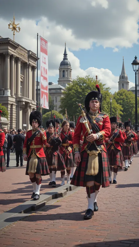 high-definition images、in military uniforms while blowing bagpipes on the streets of London、Guards man and woman marching、Parade