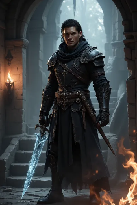 (masterpiece:1.2), (best quality:1.2), 8k, HDR, ultra detailed, ((photorealistic)), professional light, cinematic lighting, fashion photography, ambient lighting, background, a dark medieval dungeon, Darkness, epiCPhoto, fire, stairs, A thief, Young Jensen...