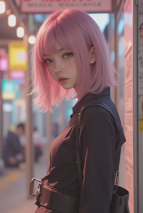 Photo Real、Realistic Skin Texture、tight cyberpunk clothes、Fluffy Shoulder-Length Hair、dim cyberpunk city、beautiful pink eyes、pink hair、thinウエスト、Beautiful Standing、Equipped on a Belt、thin、style is good、Shoulder-width is not wide、The waist is wide、My chest i...