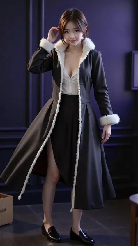 Beautiful girl in a gorgeous black coat and white shirt, full body close-up shot, Slender Body, beautiful skin, Highest Quality, Highest Image Quality, masterpiece, photorealistic