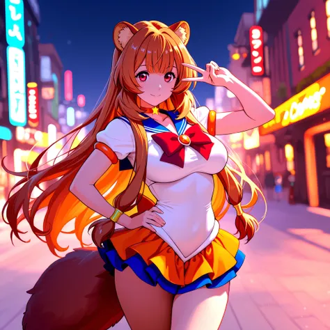 A girl, Raphtalia with orange hair and bright red eyes and fluffy ears , d cup breasts, (the best quality, 8K, masterpiece, ultra detailed,  beautiful,), ROMPER Sailor Venus costume, short sailor shirt and short skirt in orange. background a modern and col...