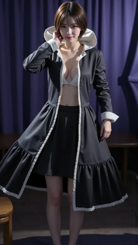 Beautiful girl in a gorgeous black coat and white shirt, full body close-up shot, Slender Body, beautiful skin, Highest Quality, Highest Image Quality, masterpiece, photorealistic, ((Beautiful Breasts)), (detailed hands:1.2, perfect right hand:1.2)