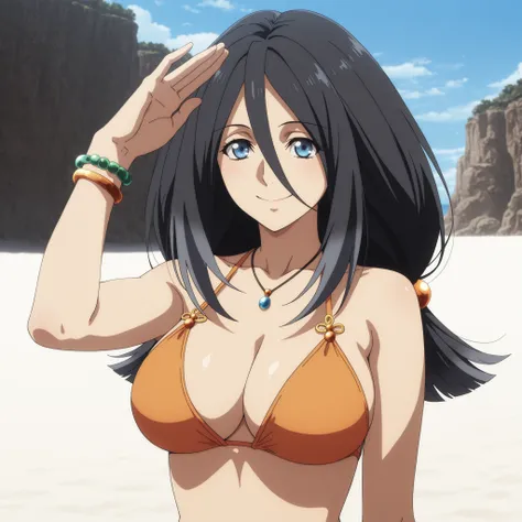 Shildina, blue eyes, black hair, hair ornament, hair between the eyes, slender figure and generous breasts. She wears an orange bikini with detailed tropical print and wears bracelets and a small necklace. she walks along a beautiful paradisiacal beach of ...