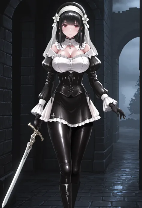  masterpiece, the best quality, muy estético, approach, , 1girl, rabiane, nun's veil skirt, Alone, standing, dynamic pose, holds a sword in his hand, serious look, black high boots, thigh-high boots,  cchoker:1.6, buttoned shirt, (( Buttoned white buttoned...