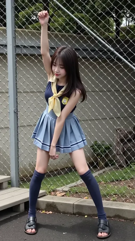 ((A woman in uniform stretches her hands and legs and is tied to a wire mesh)), Japanese uniform, Japanese high school girl uniform, ((A high school girl who has been detained)), wearing a skirt and high socks, wearing Japanese uniform, seifuku, Dressed as...