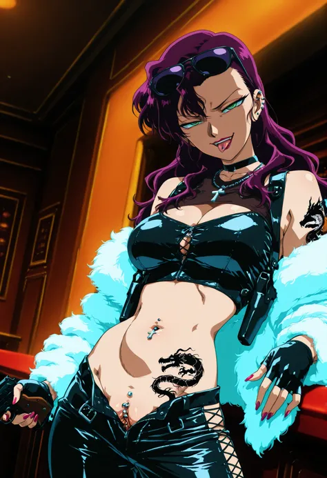 Ikumi Souda,purple hair,long hair,lipstick,green eyes, medium breasts,
, nail polish, ear piercing, long hair, , lipstick, Hot girl, baddie,, sensual, attractive ,choker , cross necklace, bar background, inside bar ,indoors, , casino, , fur jacket , bare...