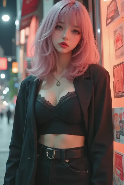 Photo Real、Realistic Skin Texture、tight cyberpunk fashion、Fluffy Shoulder-Length Hair、dim cyberpunk city、beautiful pink eyes、pink hair、thinウエスト、Beautiful Standing、Equipped on a Belt、thin、style is good、Shoulder-width is not wide、The waist is wide、My chest i...