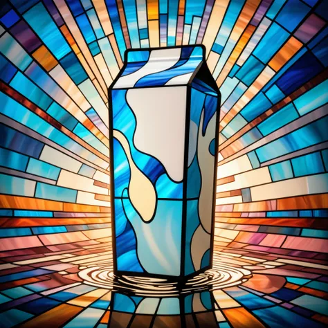 Stained-glass style illustration of a floating ((milk carton)), centered in the image, appearing to hover in midair. The ((milk carton)) is intricately drawn in shades of brown, pink, and white, with mosaic-like detail and vivid artistic effect. The backgr...