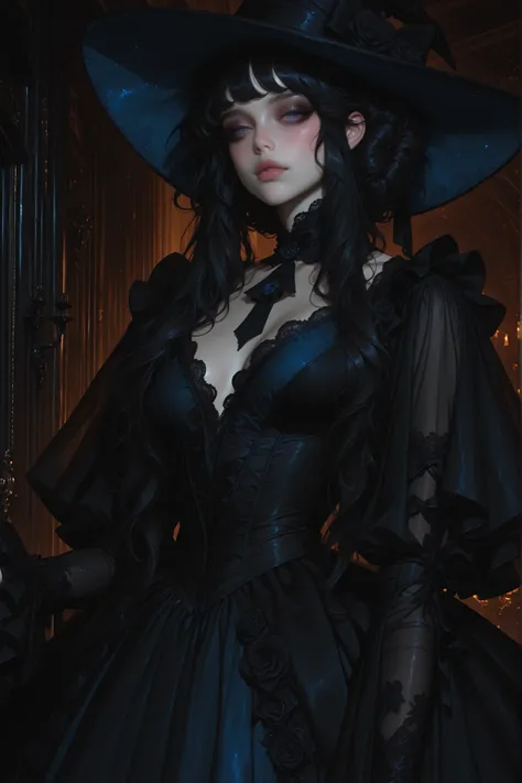 Adorable gothic Victorian girl that is a witch, wearing a refined blue and black Victorian-inspired gown with long draping sleeves and delicate lace trim, witch hat. Long Raven black curled hair, elegant and dainty, highly detailed