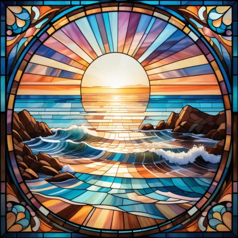 Stained-glass style illustration of a floating ((Seaside)), centered in the image, appearing to hover in midair. The ((Seaside)) is intricately drawn in shades of brown, pink, and white, with mosaic-like detail and vivid artistic effect. The background is ...