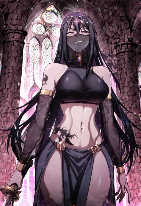 masterpiece, best quality, amazing quality, very aesthetic, absurdres, newest, scenery, 1girl, solo, long hair, black hair, purple eyes, circlet, hair between eyes, arabian clothes, gold choker, turtleneck, covered collarbone, bare shoulders, black crop ...