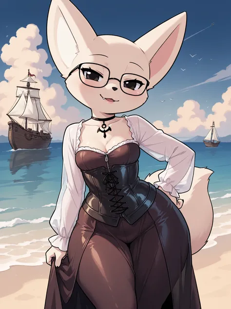 (masterpiece, the best quality), incredible quality, muy estético, absurd, high resolution, NEW , HDR-10, 8K, cinematic, professional photo, chica, librarian, (((Fenneko:1.2))), Pechos grandes, (Small but curvy), glasses, fat nose, wide hips, pirate dress ...