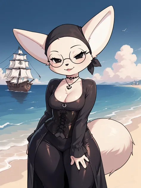 (masterpiece, the best quality), incredible quality, muy estético, absurd, high resolution, NEW , HDR-10, 8K, cinematic, professional photo, chica, librarian, (((Fenneko:1.2))), Pechos grandes, (Small but curvy), glasses, fat nose, wide hips, pirate dress ...