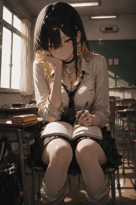 Photo Quality, 8K Wallpaper, precise down to the smallest detail, bad style high school girl、Studying alone in the classroom, Blonde、uniforms are typical bad high school girl fashion combined with loose socks, multiple silver rings shine on her fingers、thi...