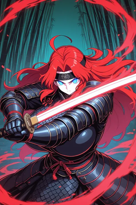1girl, adult woman, long_hair, bright red hair, ahoge, holding weapon, red magic katana, glowing red katana, black headband, gigantic breasts, dress chain-mail, magic runes, samurai armor, spaulders, glowing blue eyes, bamboo forest background, dynamic pos...
