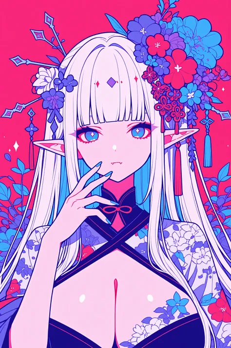 woman, solo, ethereal, crystal blue nails, looking at viewer, bangs, blue eyes, long hair, white hair, hair ornament, hand up, flower, blunt bangs, closed mouth, tassel, ribbon, portrait, colorful, floral yukata, multicolored hair, vampire, fangs, pointed ...