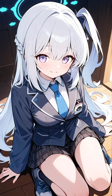 miyako (blue archive),purple eyes, white hair,long hair,one side up,halo,medium breasts,　solo, I can see my eyebrows from the inside of my hair, hair between eyes,　 masterpiece, Best Quality, very aesthetic,  school uniform,black blazer,pleated skirt,plaid...