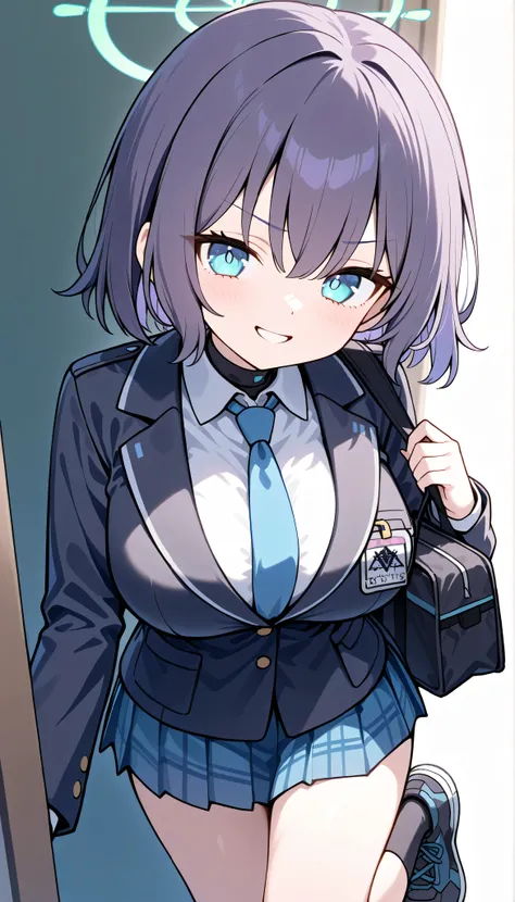 saki (blue archive),blue eyes,purple hair,short hair,halo,large breasts,　solo, I can see my eyebrows from the inside of my hair, hair between eyes,　 masterpiece, Best Quality, very aesthetic,  school uniform,black blazer,pleated skirt,plaid skirt,necktie,s...