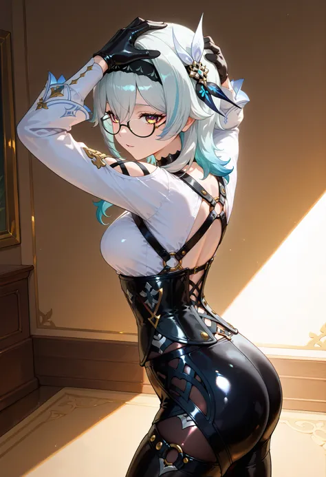 ((dark filter)), BREAK EulasDxL,a woman, Alone, standing, pose sexy, ((arms up)), ((hands on the back of the head)), looking at the spectator, seductive expression, eyeglasses, hair ornament, medium length, Gloves, Chest Harness , long sleeves white, ((c...
